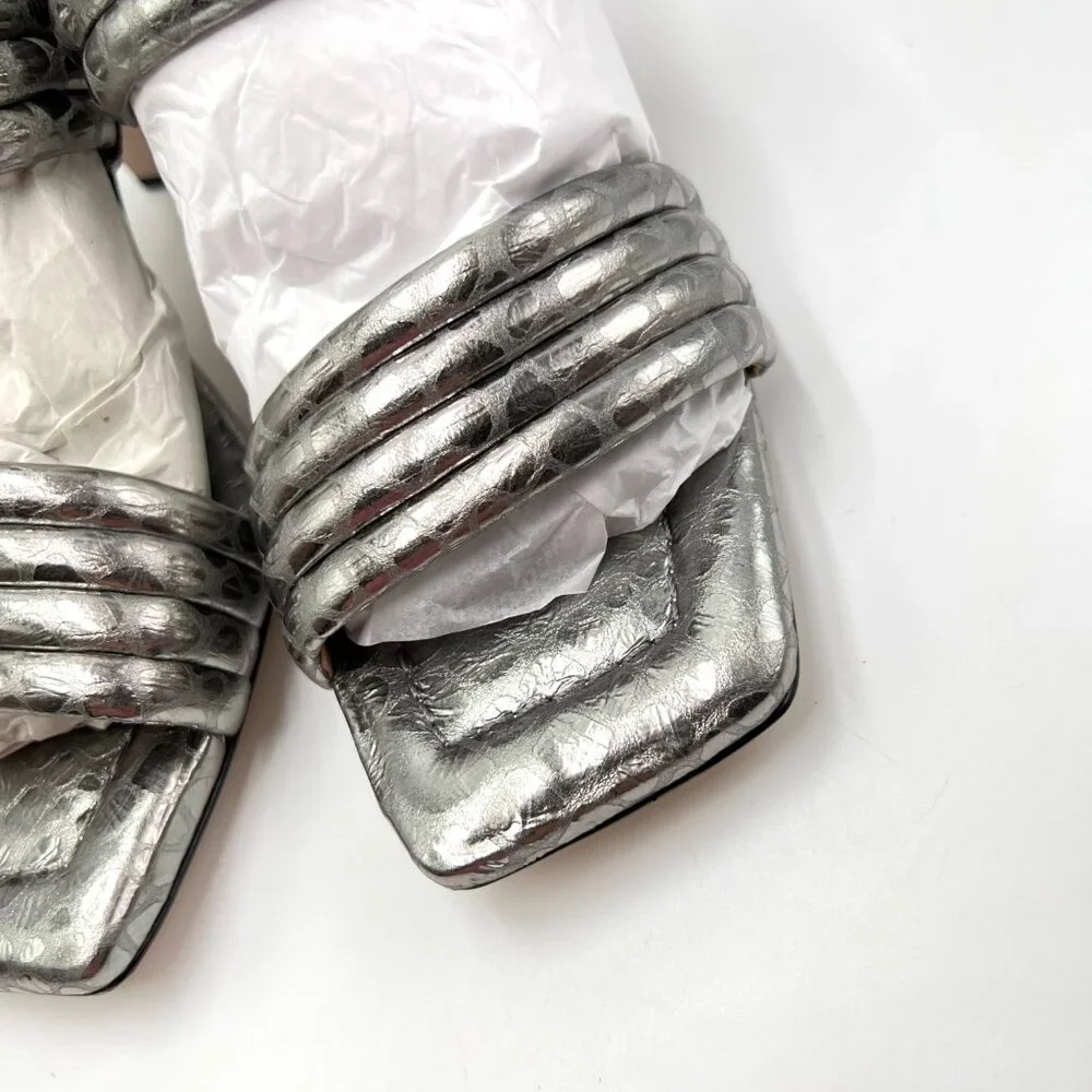 Schutz Womens Size 8.5‎ Metallic Silver Croc Print Dress Sandals Heels Shoes